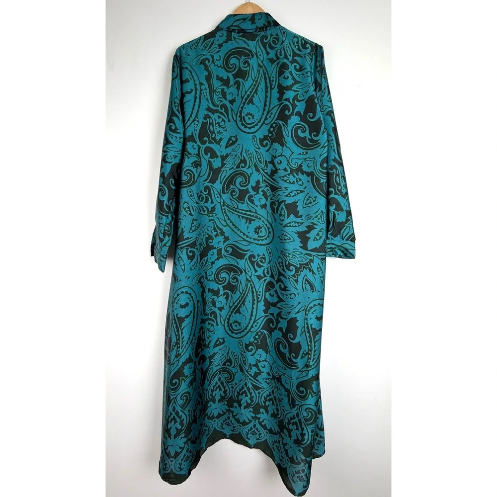 ZARA Teal Black Paisley Satin Shirt Dress XL Long Sleeve Button Up 8735/214 - Picture 5 of 12